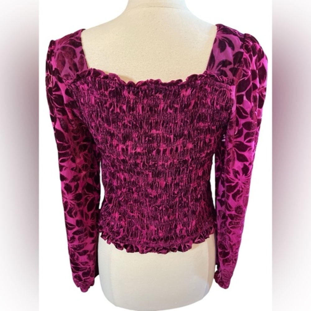 Torrid Boho Burgundy Velvet Smocked Top Long shear Velvet floral Sleeves Size 0